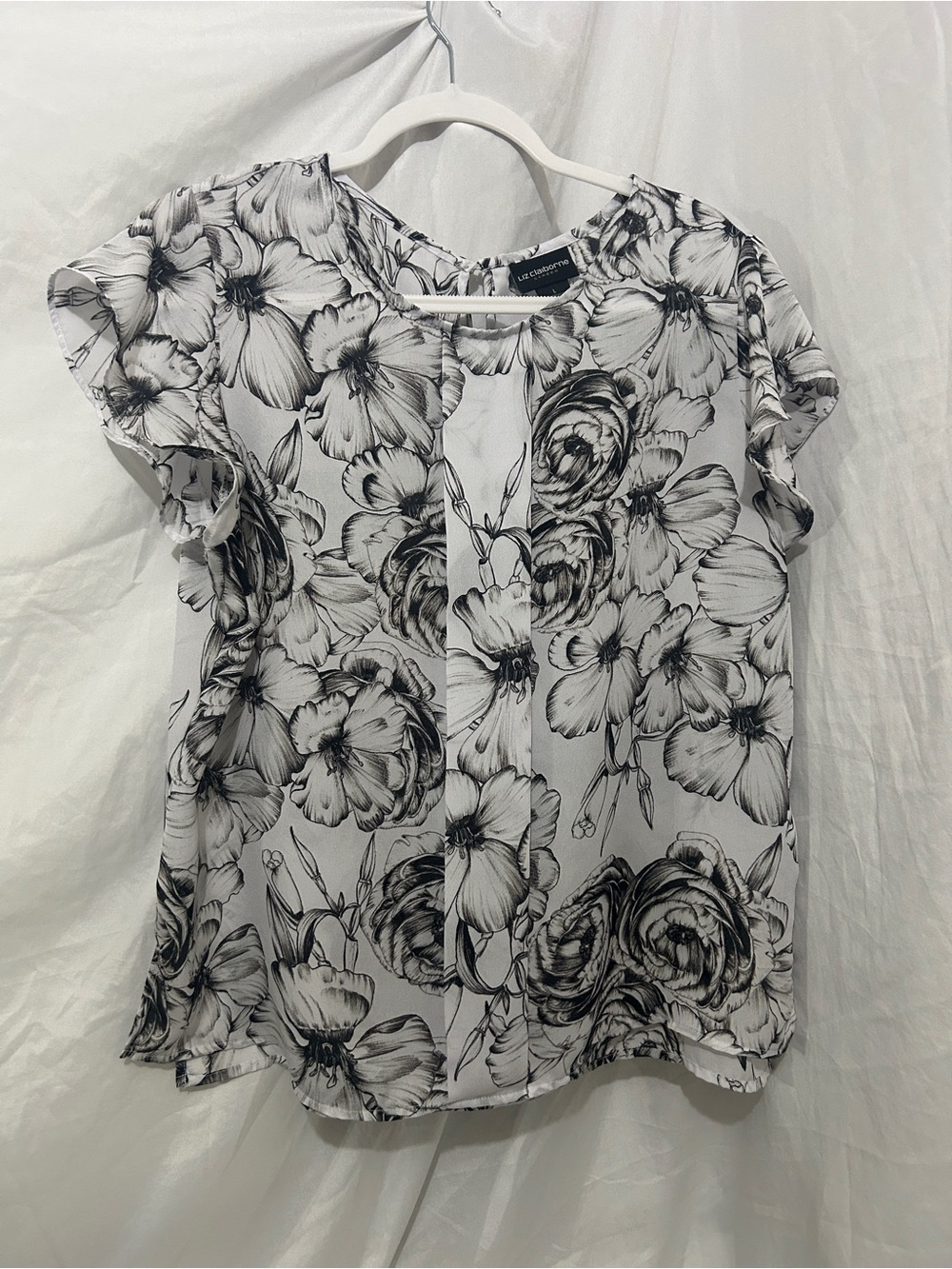 Liz Claiborne Career Black & White Floral Flutter Sleeve Blouse - Large